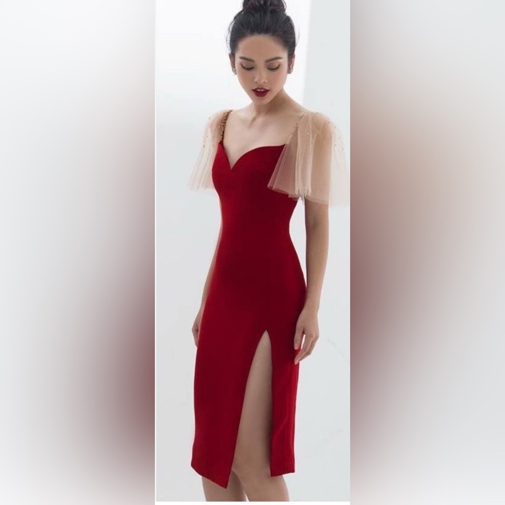 Elegant Asymmetrical Red Dress with Sheer Sleeves